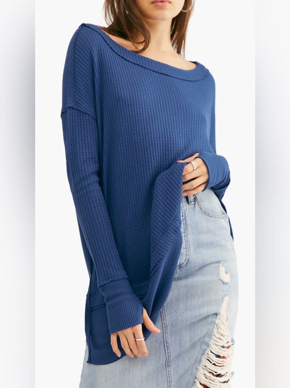 We The Free North Shore Thermal Knit Tunic Top Sz XS Blue Oversized Waffle Boho